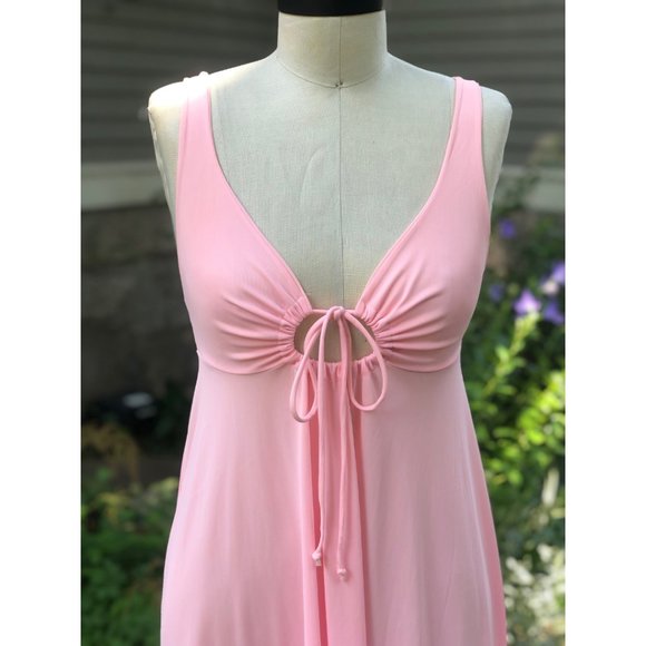 Vintage 70s Key Hole Tie Front Empire Waist Barbiecore Pink Maxi Nightgown Dress - Picture 8 of 15